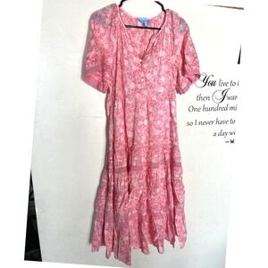 Draper James Pink Paisley cottagecore Midi Dress Lace Short Sleeve V Neck Cotton